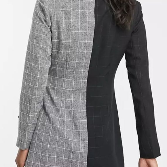 Brand New Color Block Black/Tan Plaid Print Shawl Collar Wrap Knot Side Blazer - Picture 3 of 4